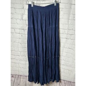 PATRICIA WOLF  Navy‎ Blue Pleated Maxi Skirt with Button Details Boho Chic